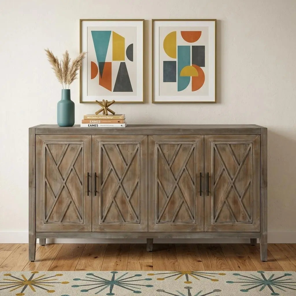 60" Natural and Brown Distressed Carved Geometric Sideboard with Four Doors Homeroots Kitchen & Dining