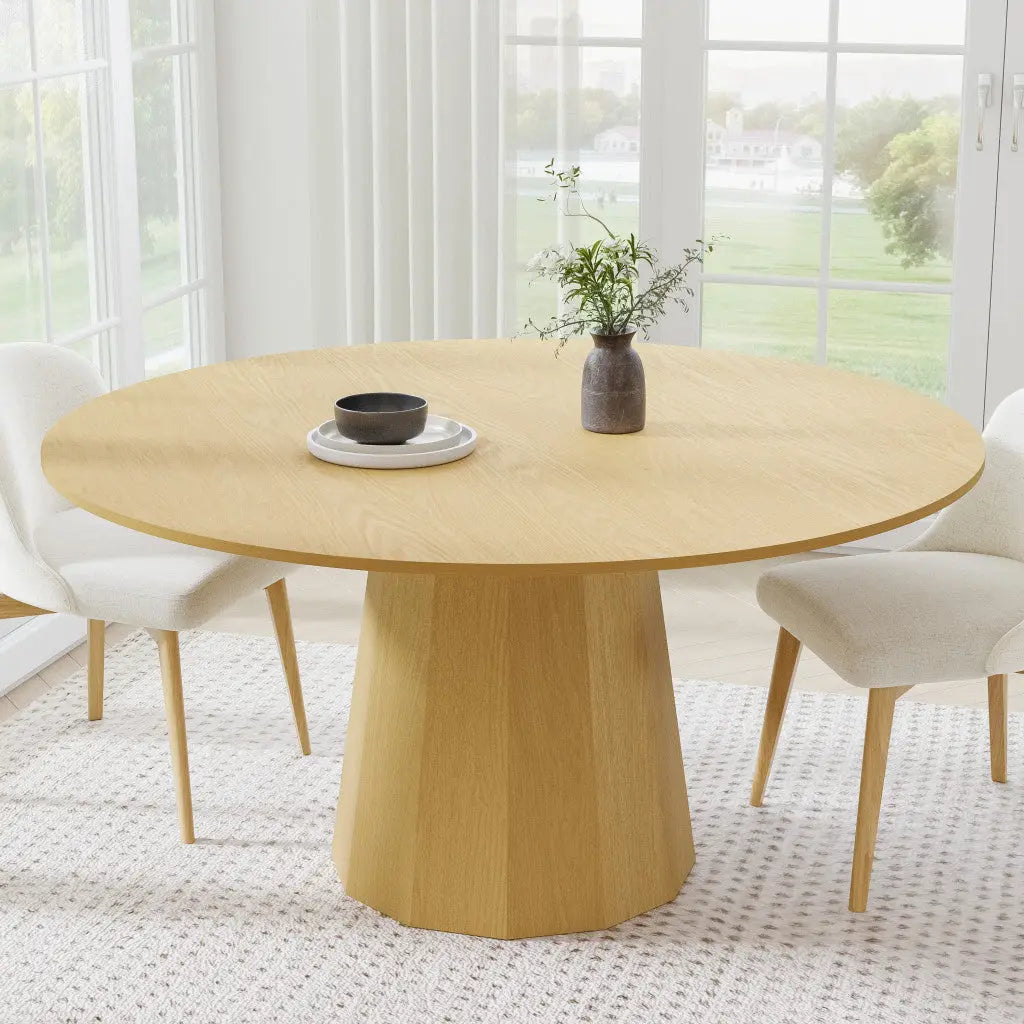 60" Oak Wood Pedestal Base Round Top Dining Table Homeroots Kitchen & Dining