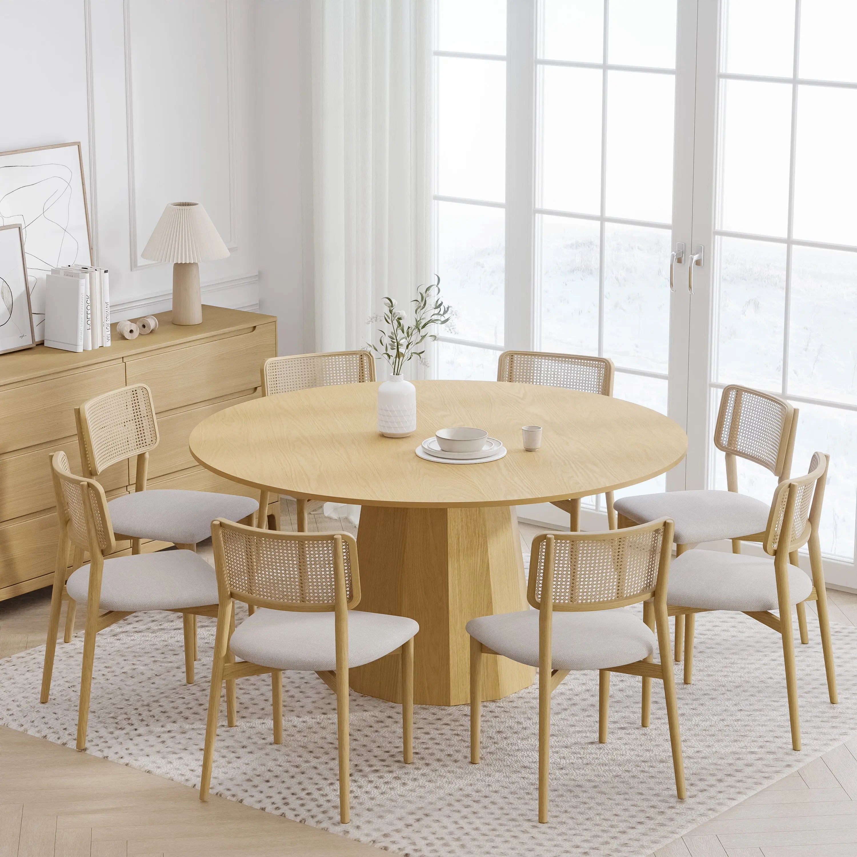60" Oak Wood Pedestal Base Round Top Dining Table Homeroots Kitchen & Dining
