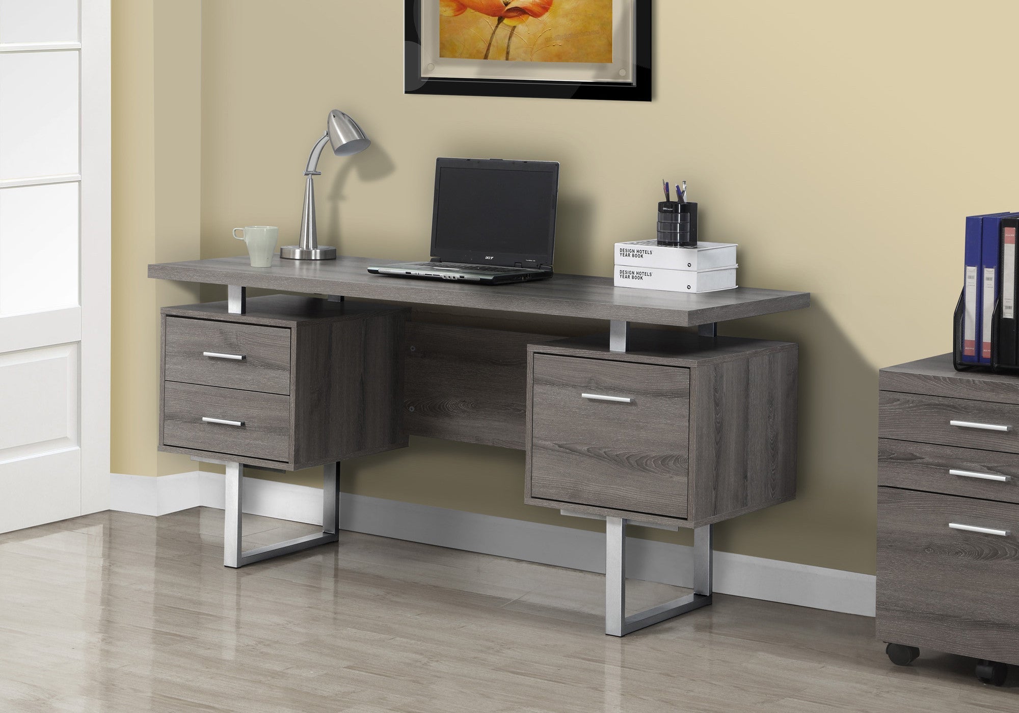 24" Taupe and Silver Computer Desk With Three Drawers - GreatEagleInc