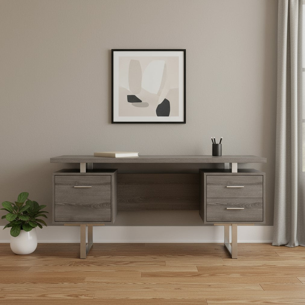 24" Taupe and Silver Computer Desk With Three Drawers - GreatEagleInc