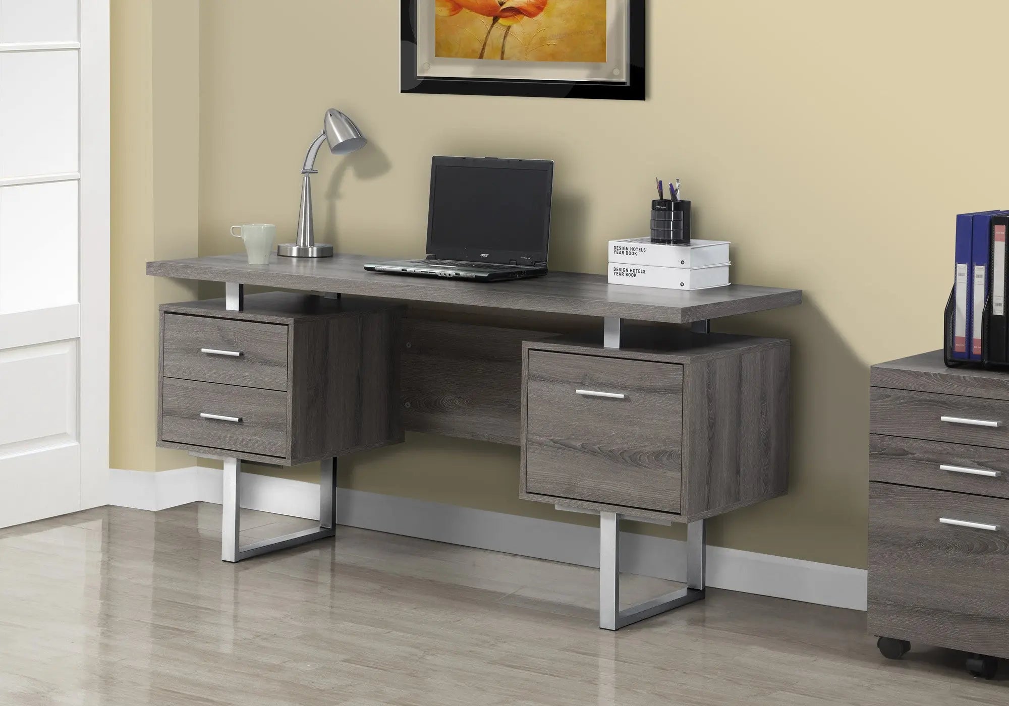 24" Taupe and Silver Computer Desk With Three Drawers - GreatEagleInc