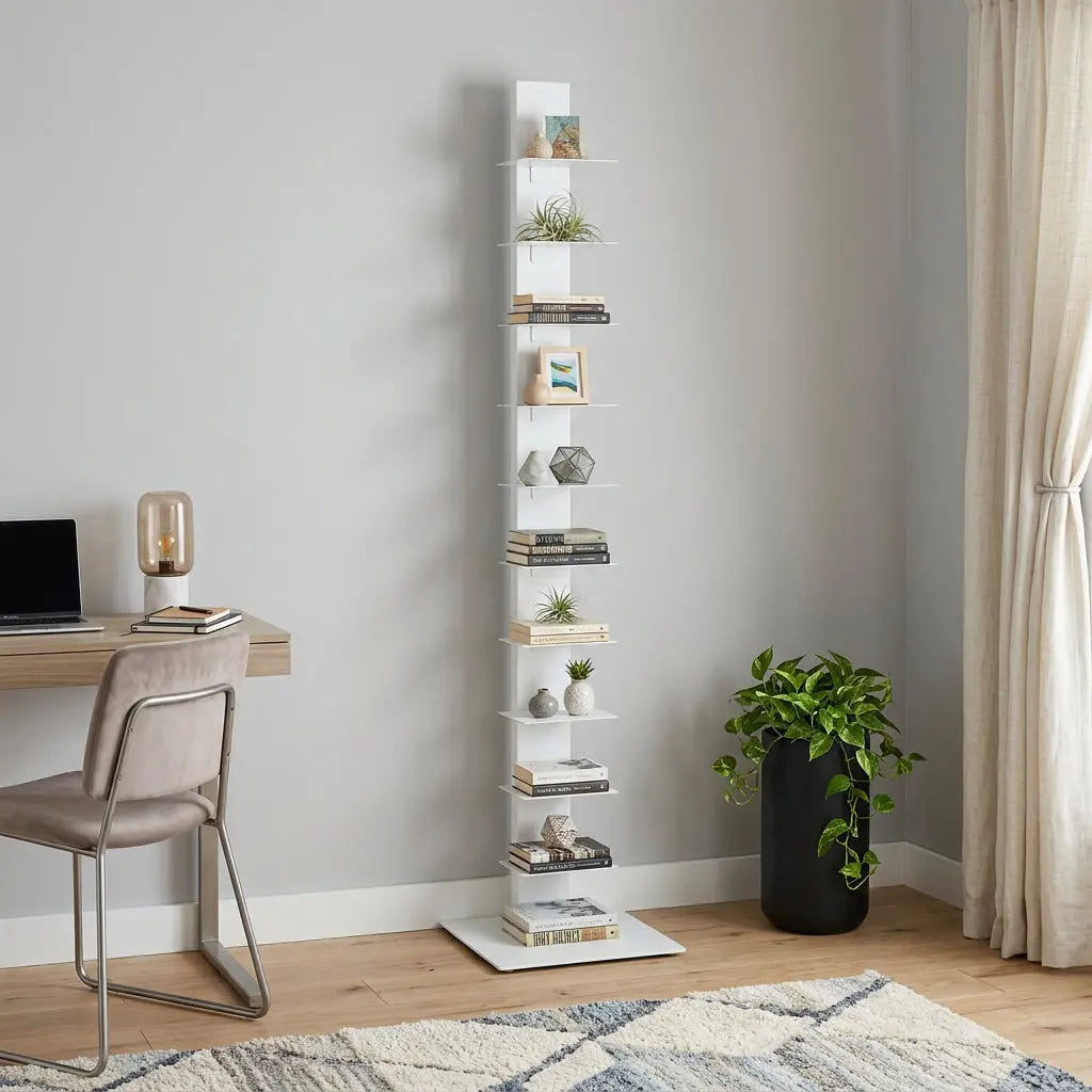 60" White Metal Ten Shelf Modern Tower Bookcase Homeroots Office