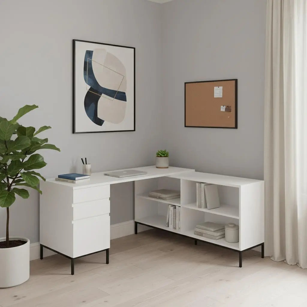 60" White and Black L Shape Computer Desk With Three Drawers Homeroots Office