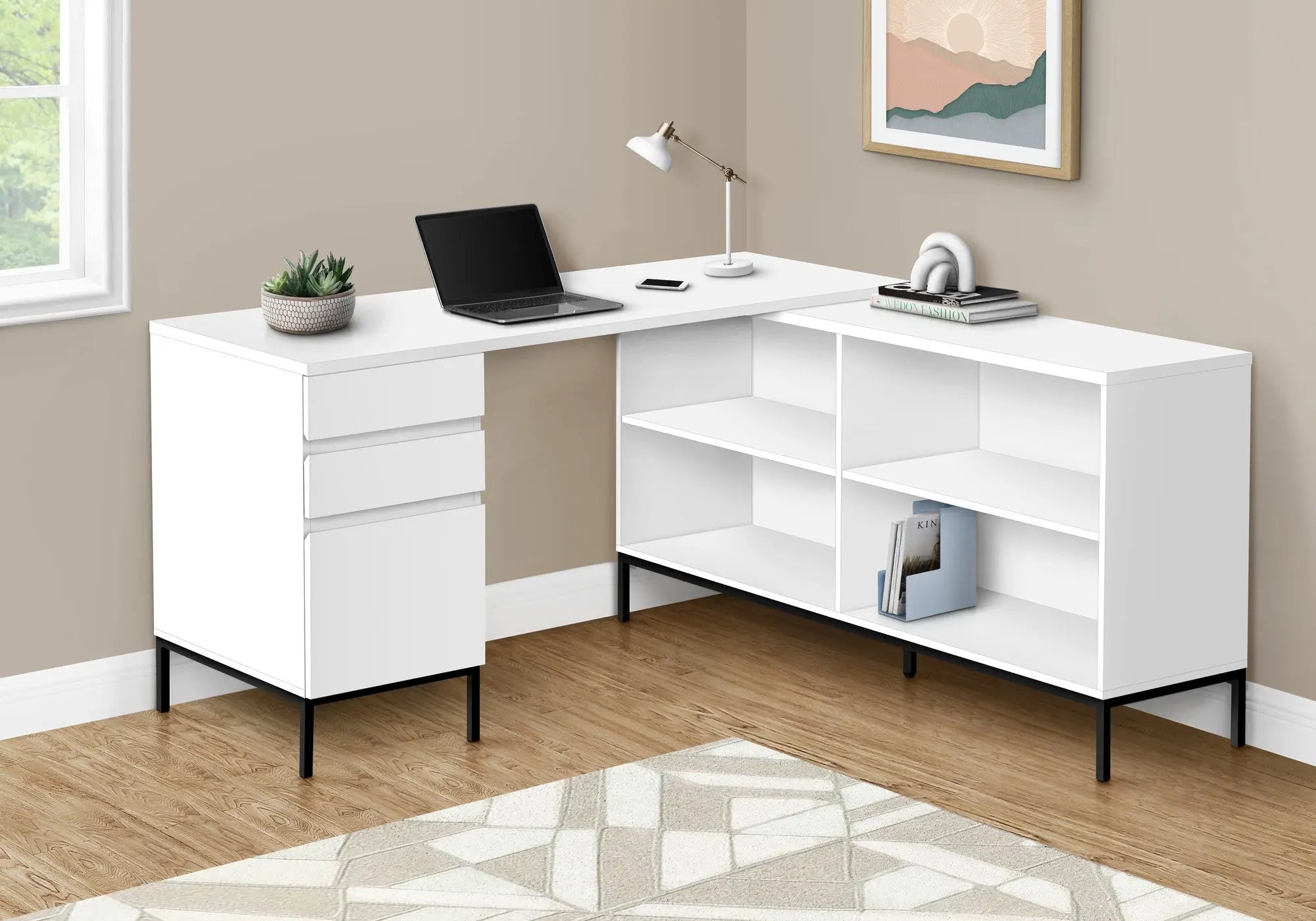 60" White and Black L Shape Computer Desk With Three Drawers Homeroots Office
