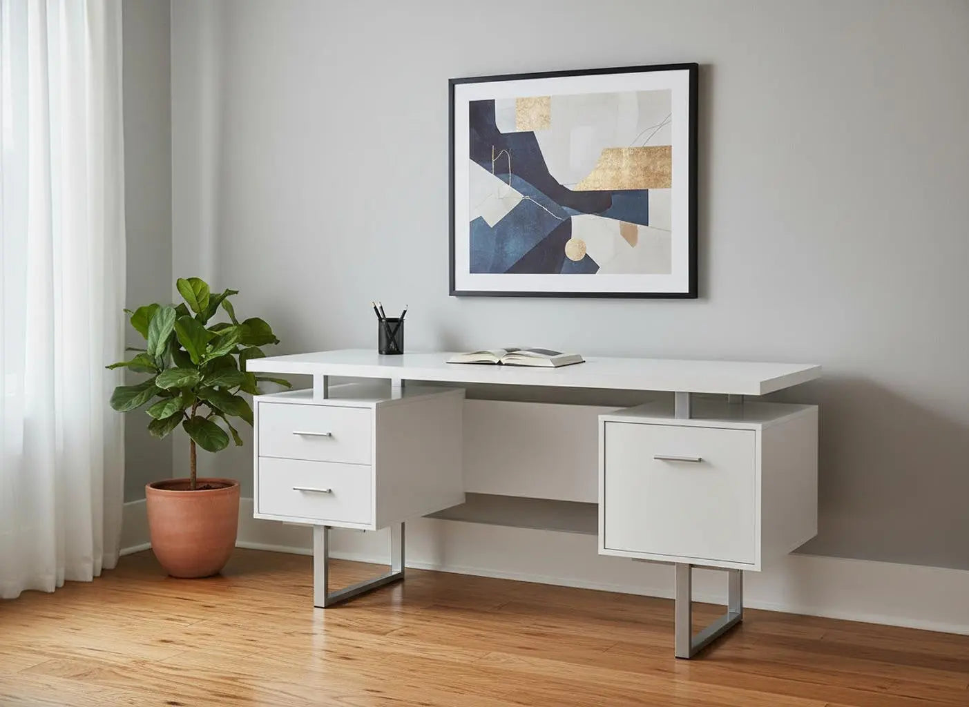 24" White and Silver Computer Desk With Three Drawers - GreatEagleInc