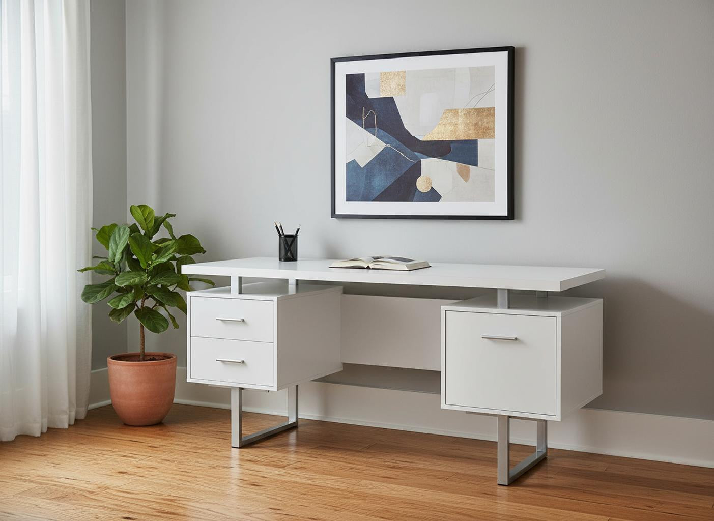 24" White and Silver Computer Desk With Three Drawers - GreatEagleInc