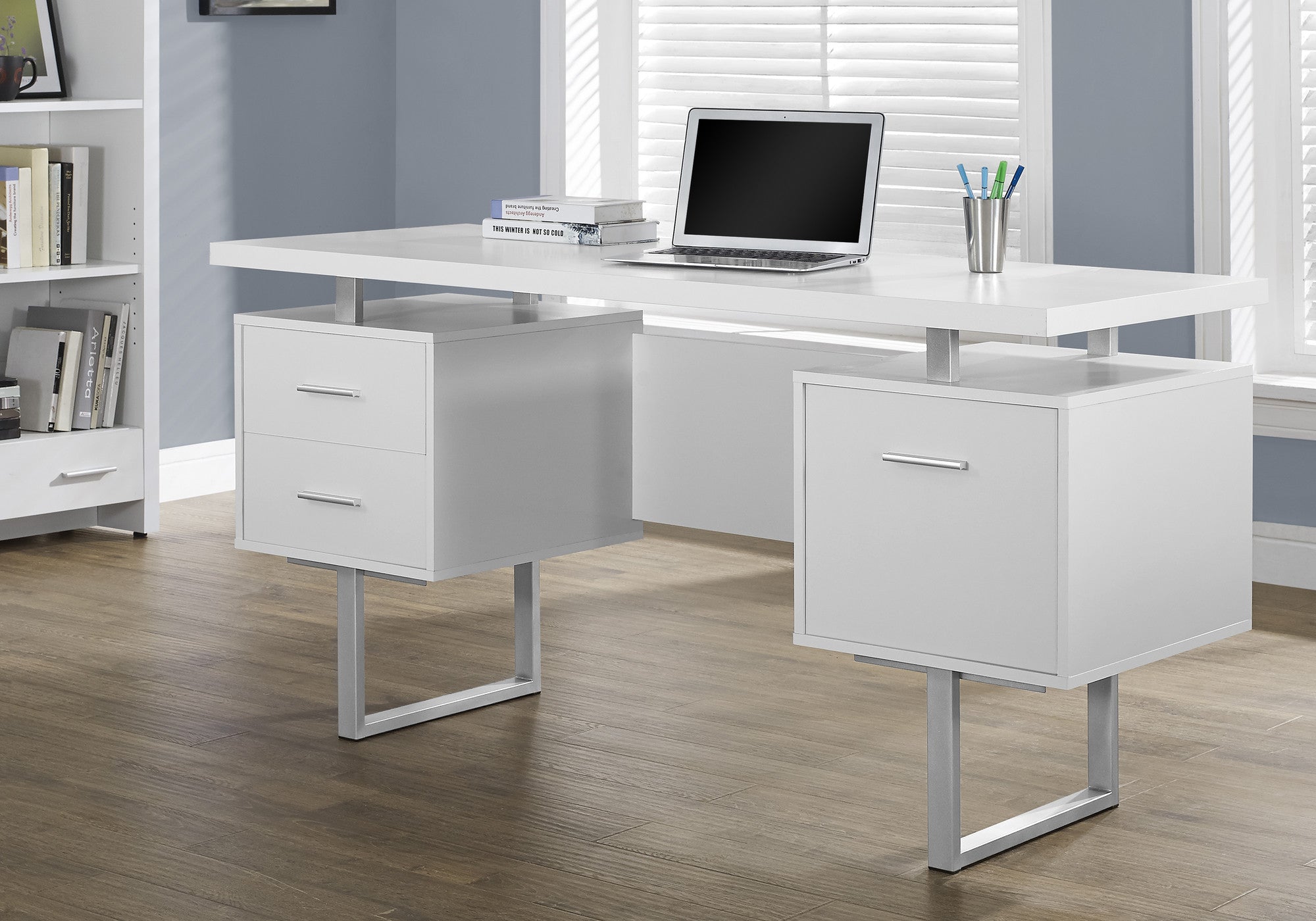 24" White and Silver Computer Desk With Three Drawers - GreatEagleInc