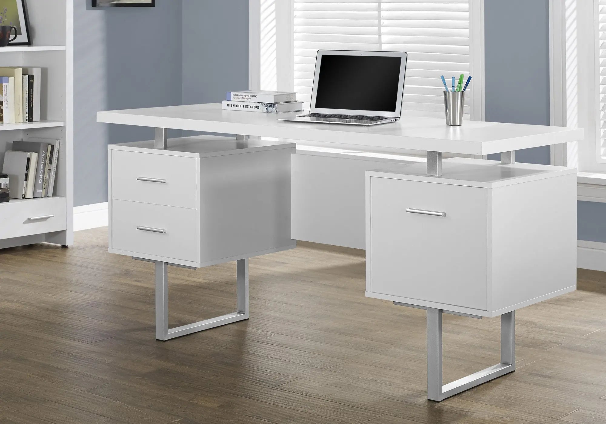 24" White and Silver Computer Desk With Three Drawers - GreatEagleInc