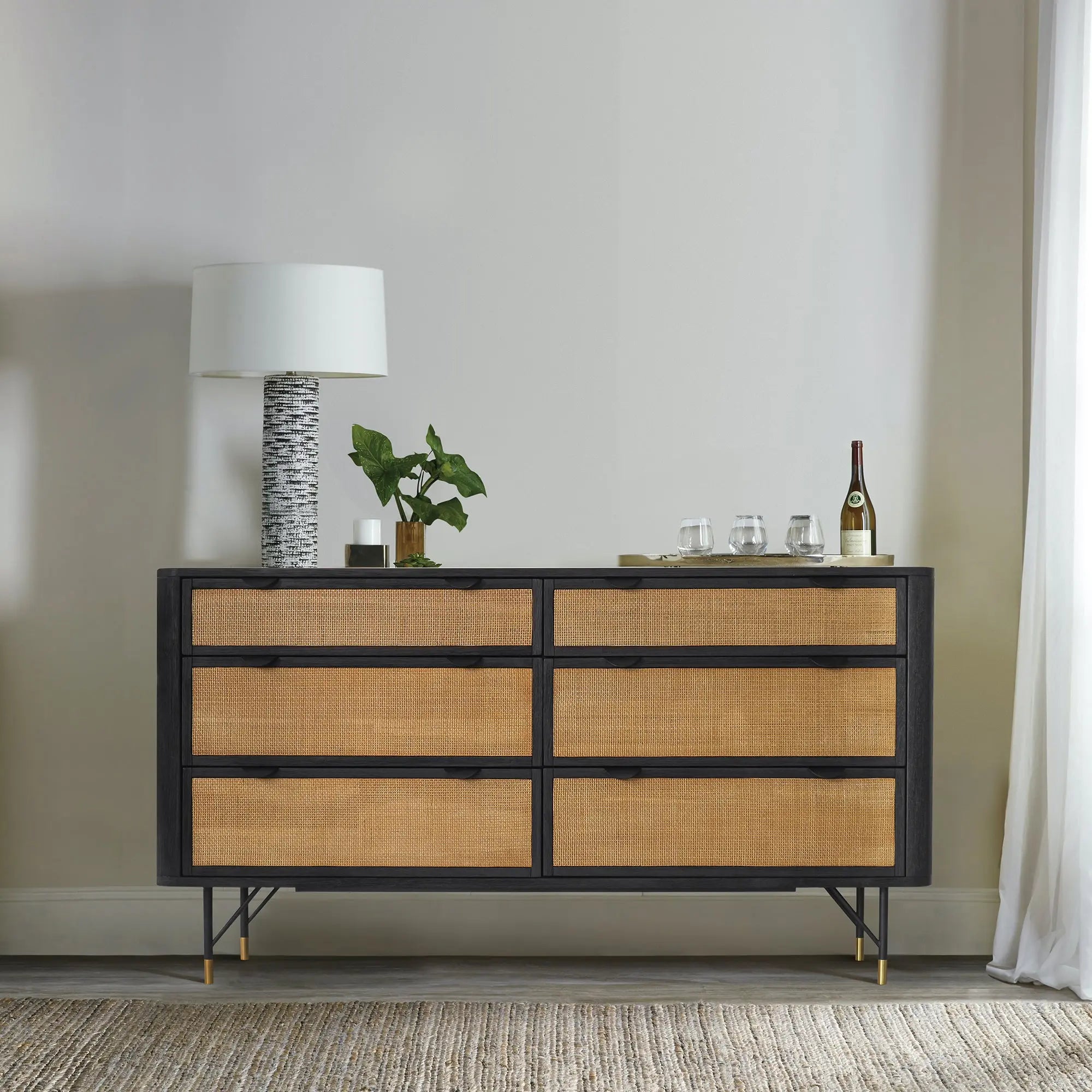 61" Black And Natural Solid Wood Six Drawer Double Dresser Homeroots Bed & Bath