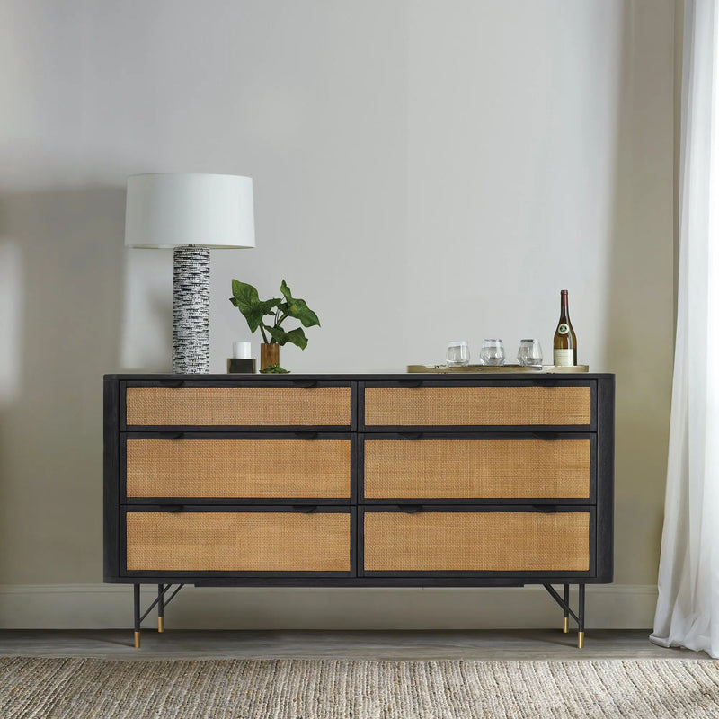 61" Black And Natural Solid Wood Six Drawer Double Dresser Homeroots Bed & Bath