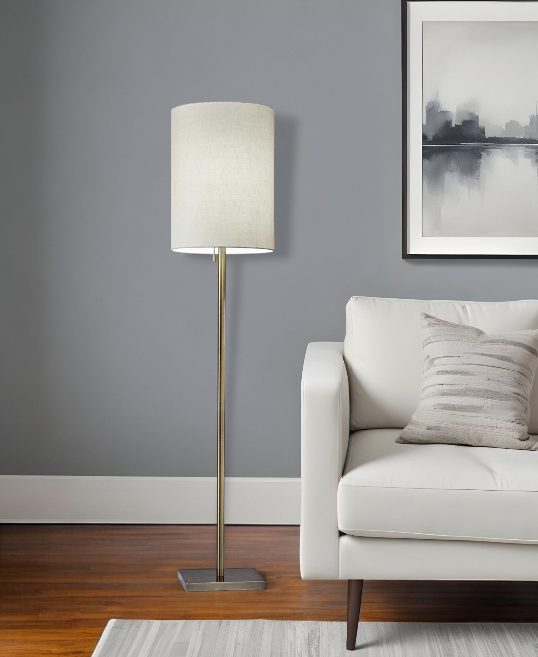 61" Brass Metal Floor Lamp With White Fabric Cylinder Shade - GreatEagleInc