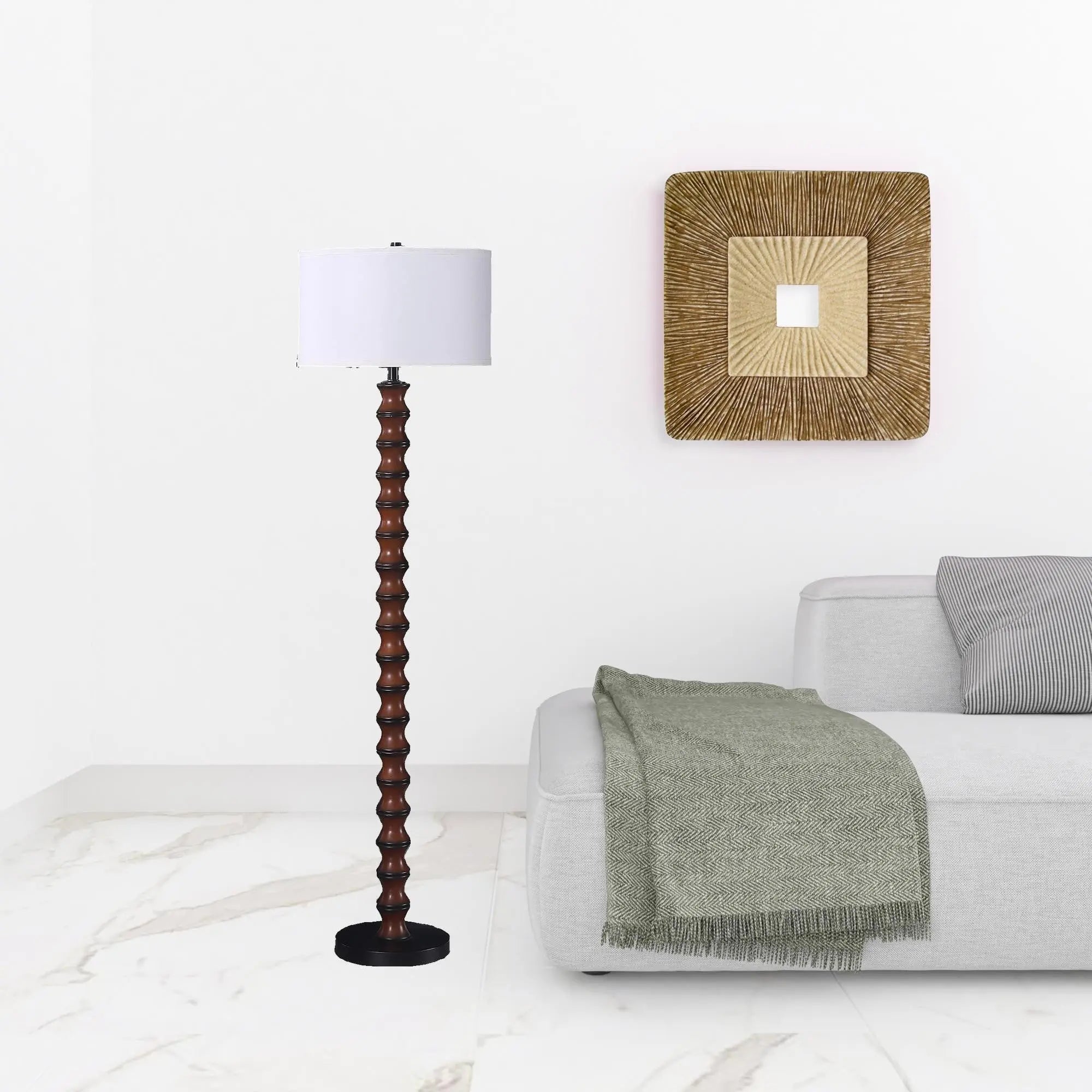 61" Brown And White Resin Floor Lamp With White Fabric Drum Shade Homeroots Lighting