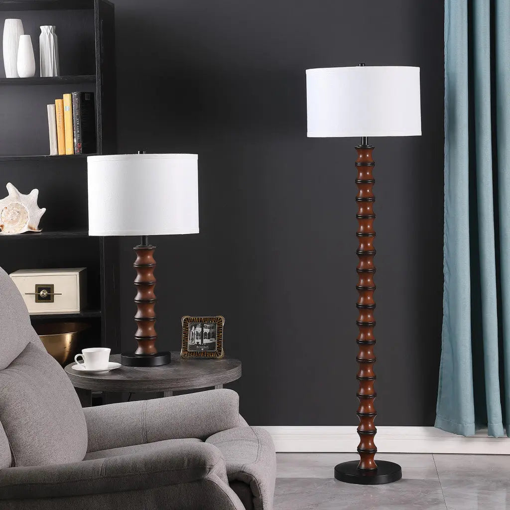 61" Brown And White Resin Floor Lamp With White Fabric Drum Shade Homeroots Lighting