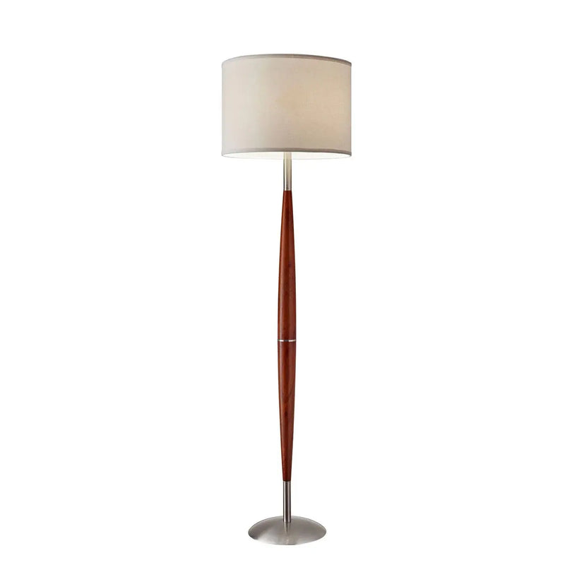 61" Brown And White Solid Wood Floor Lamp With White Fabric Drum Shade - GreatEagleInc