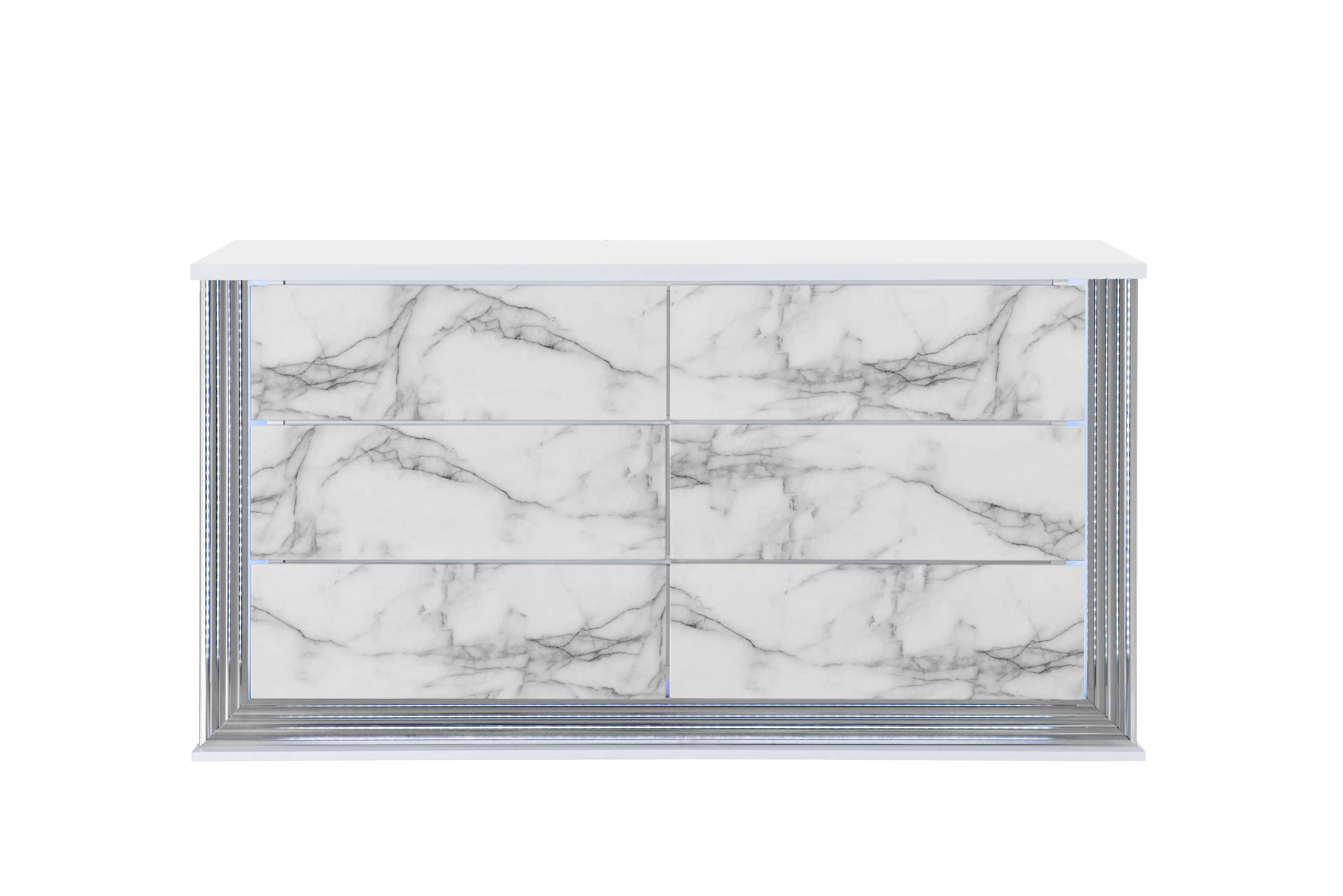 61" White Faux Marble And Wood Lighted Six Drawer Double Dresser Homeroots Bed & Bath