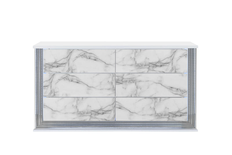 61" White Faux Marble And Wood Lighted Six Drawer Double Dresser Homeroots Bed & Bath