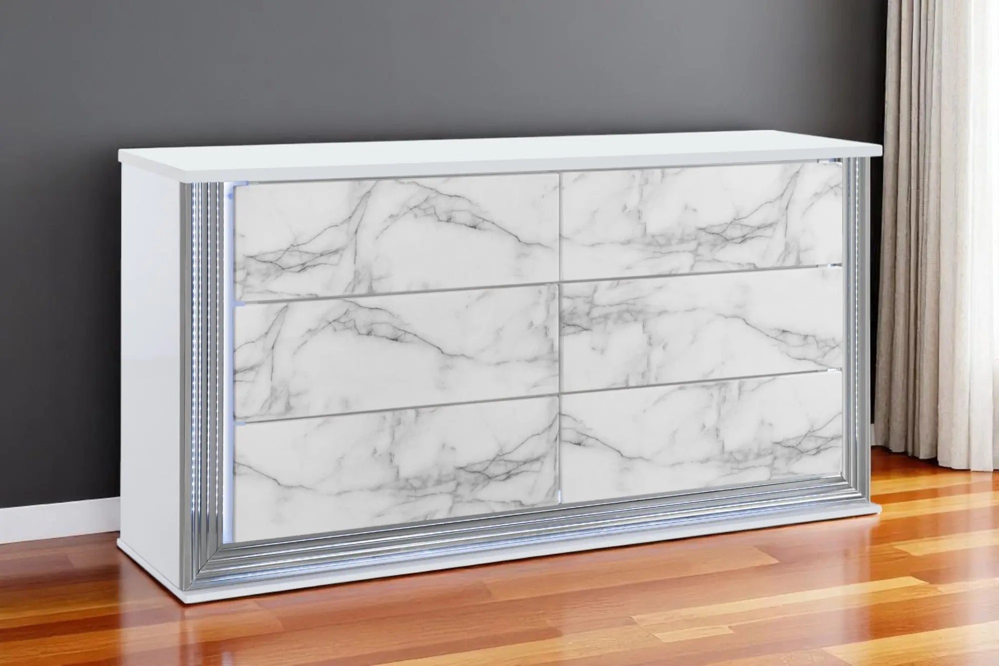 61" White Faux Marble And Wood Lighted Six Drawer Double Dresser Homeroots Bed & Bath