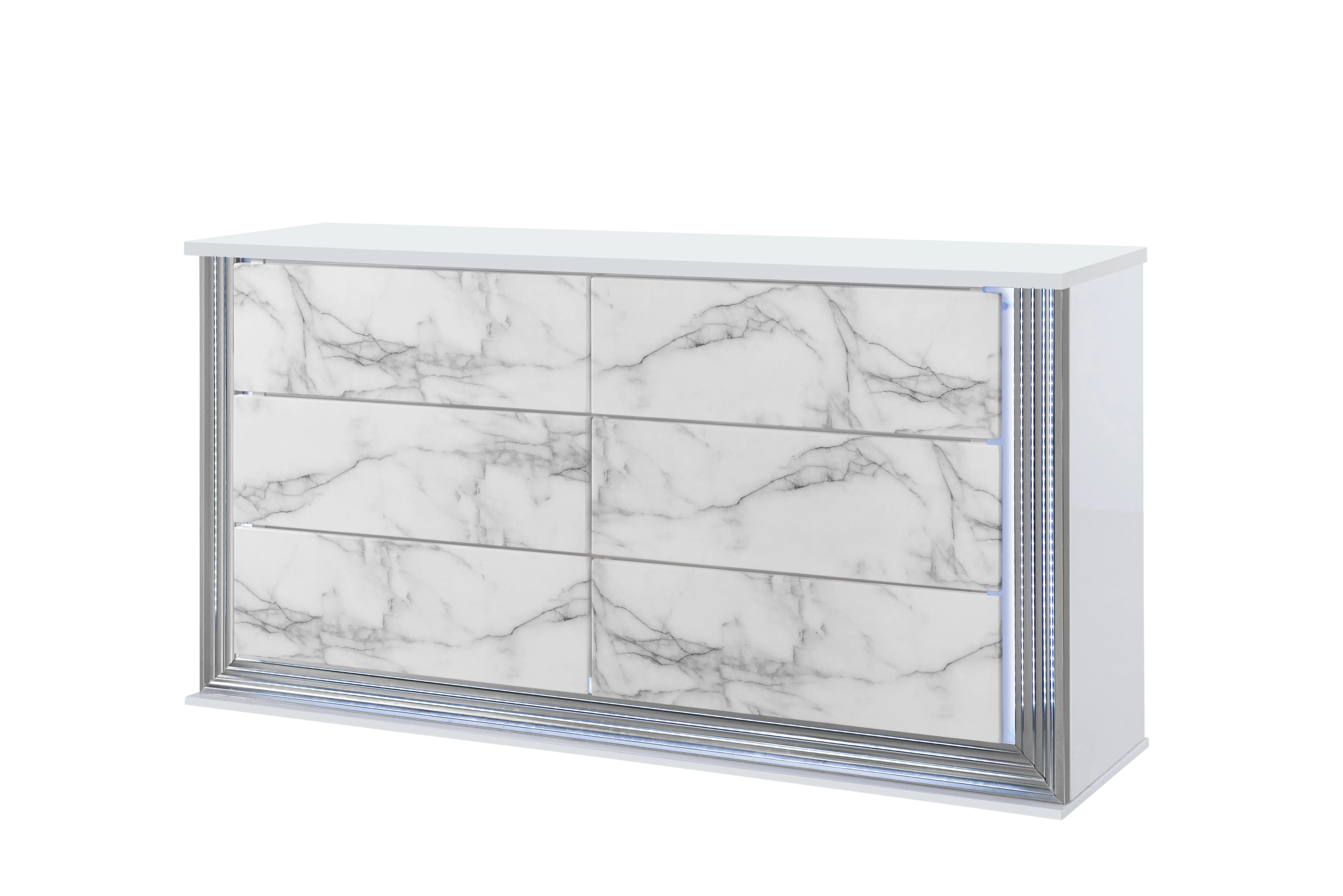 61" White Faux Marble And Wood Lighted Six Drawer Double Dresser Homeroots Bed & Bath
