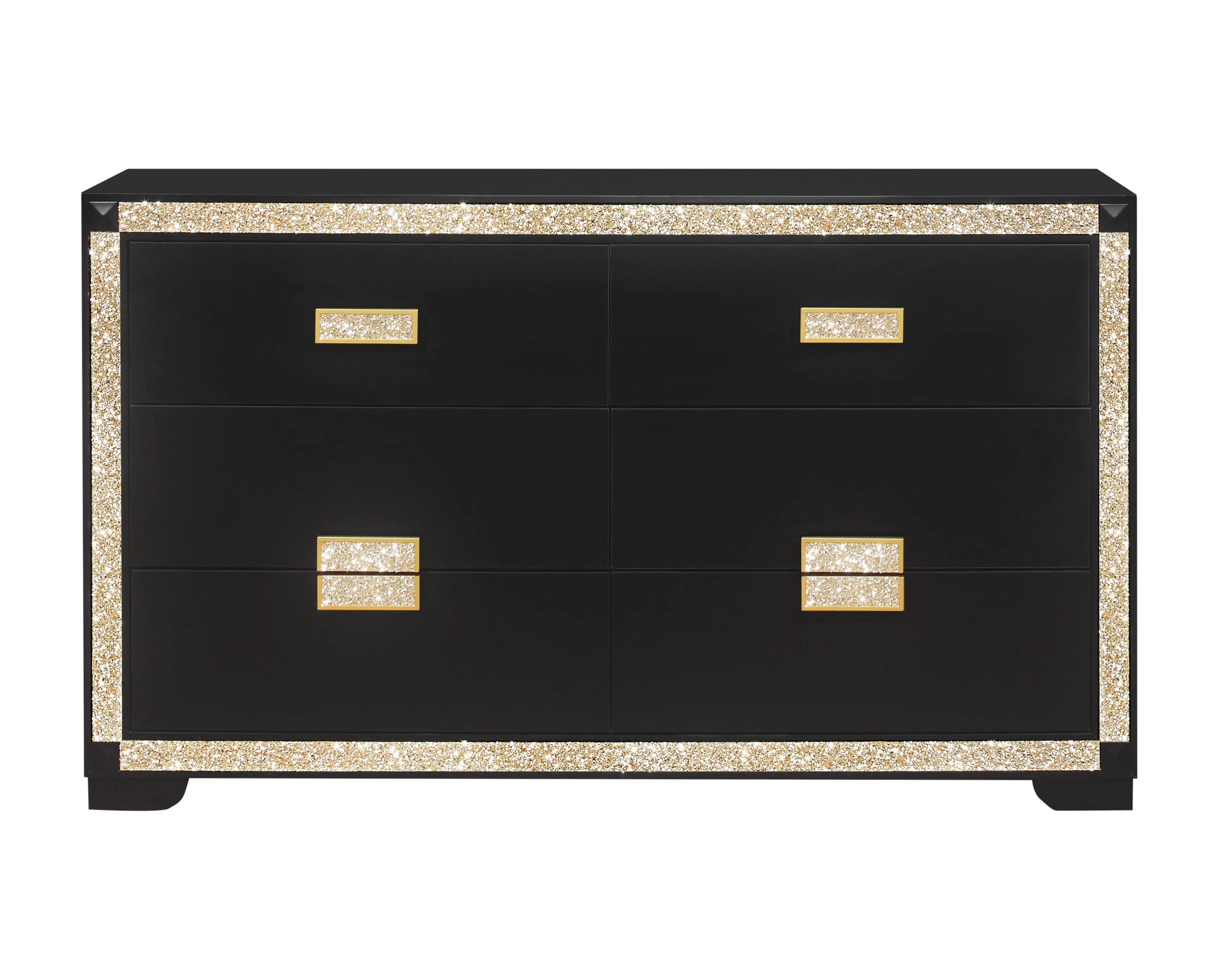 62" Black And Gold Faux Crystal Bling Wood Six Drawer Double Dresser Homeroots Bed & Bath
