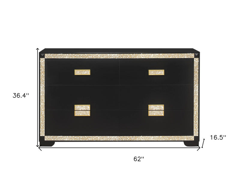 62" Black And Gold Faux Crystal Bling Wood Six Drawer Double Dresser Homeroots Bed & Bath