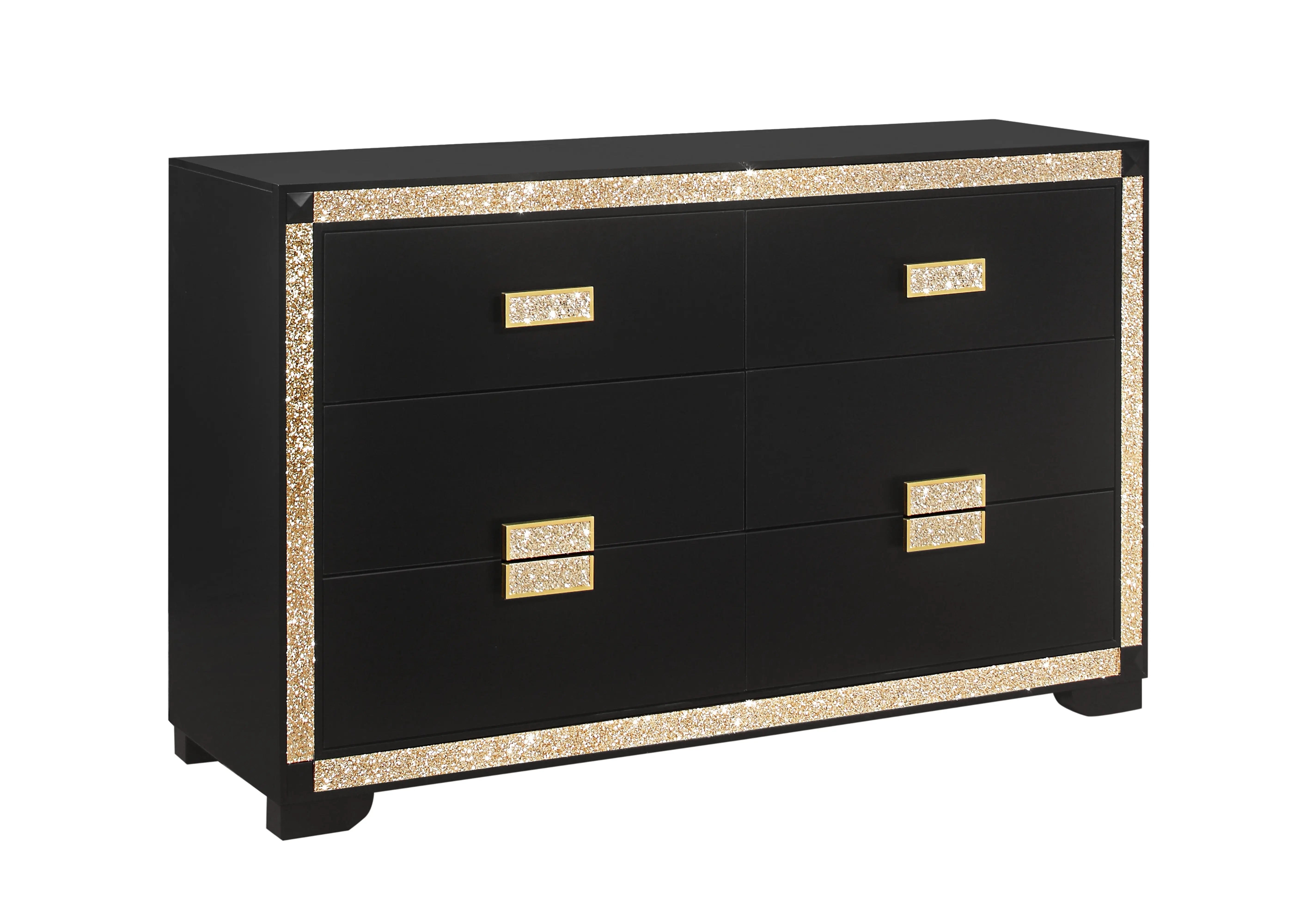 62" Black And Gold Faux Crystal Bling Wood Six Drawer Double Dresser Homeroots Bed & Bath