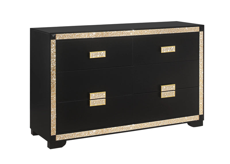 62" Black And Gold Faux Crystal Bling Wood Six Drawer Double Dresser Homeroots Bed & Bath