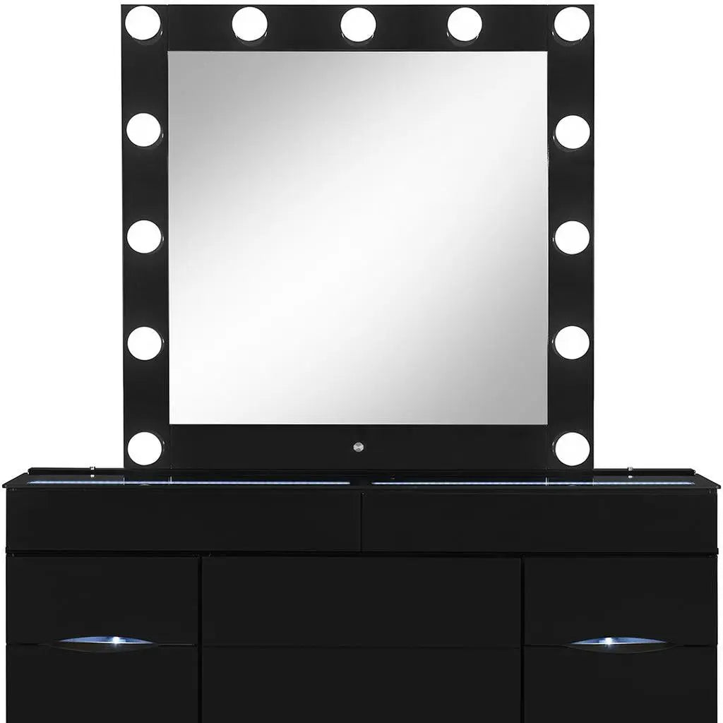 62" Black Wood And Glass Six Drawer Vanity Table With Mirror Seating And Lights Homeroots Living Room