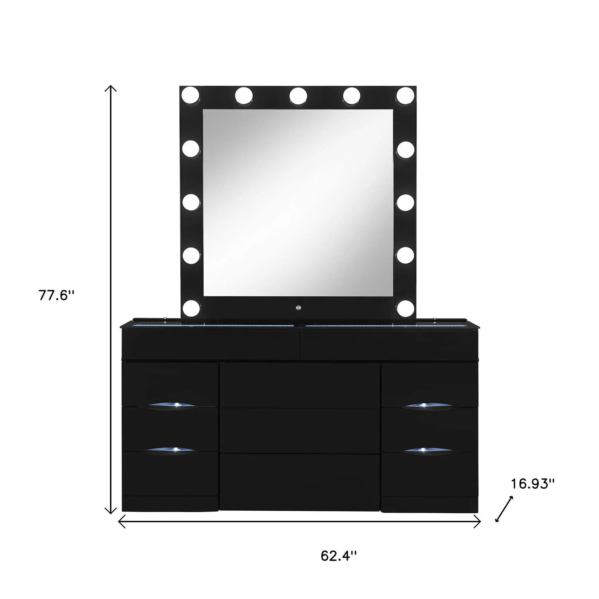 62" Black Wood And Glass Six Drawer Vanity Table With Mirror Seating And Lights Homeroots Living Room