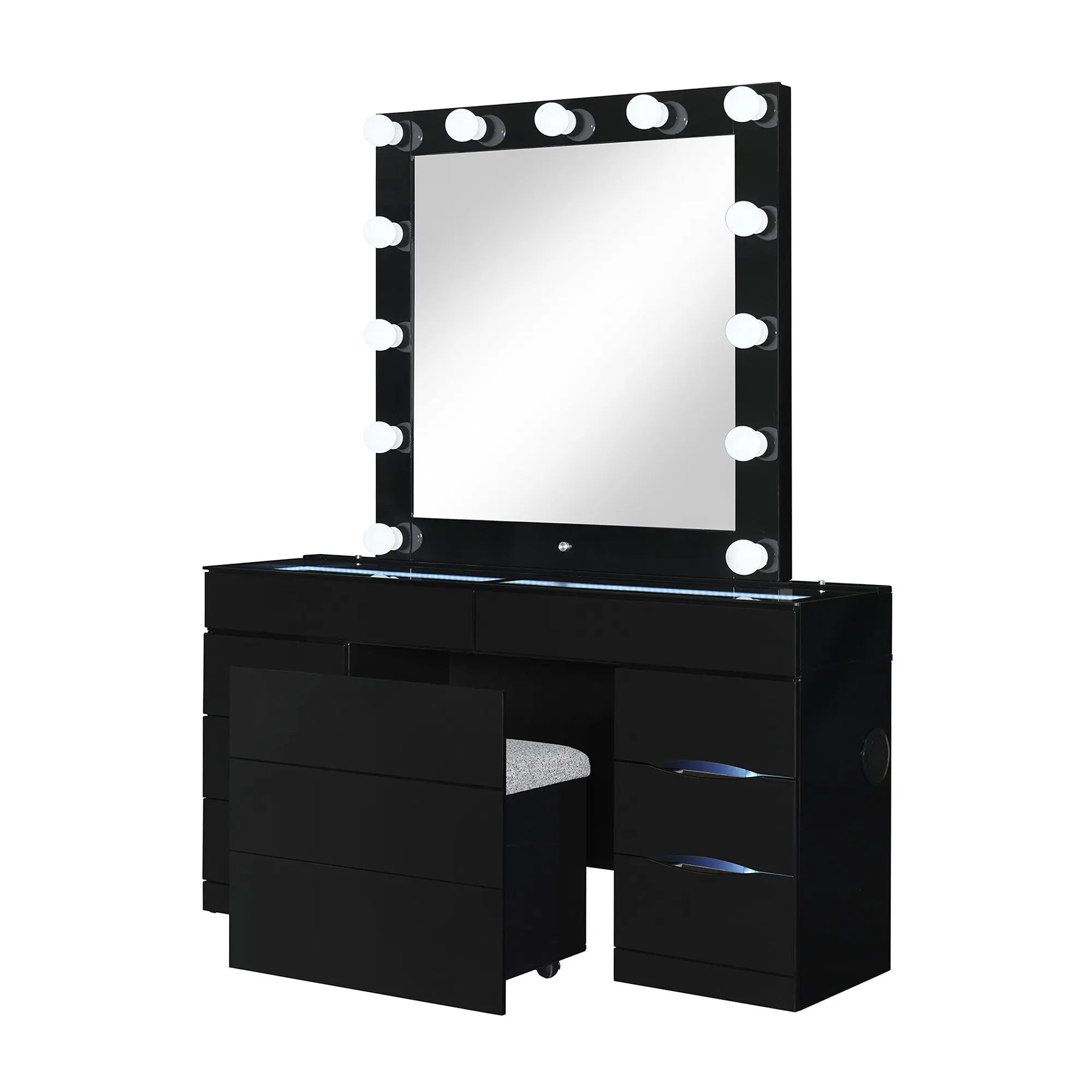 62" Black Wood And Glass Six Drawer Vanity Table With Mirror Seating And Lights Homeroots Living Room