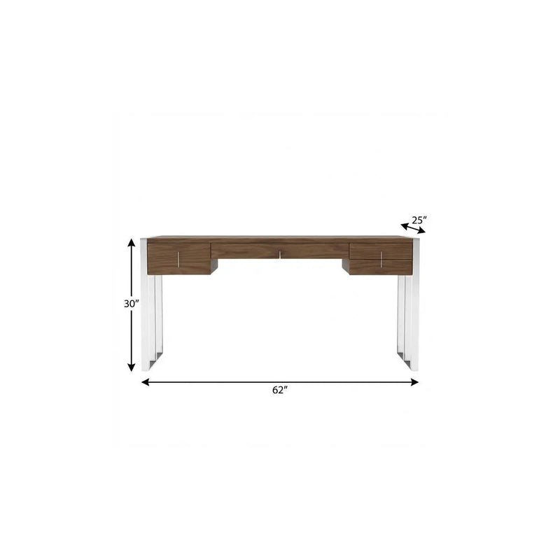 62" Brown and Silver Writing Desk With Four Drawers Homeroots Office