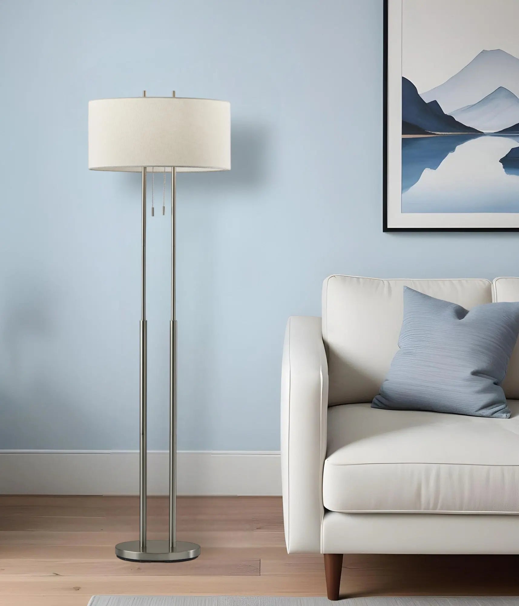62" Silver Metal Task Floor Lamp With White Fabric Drum Shade - GreatEagleInc