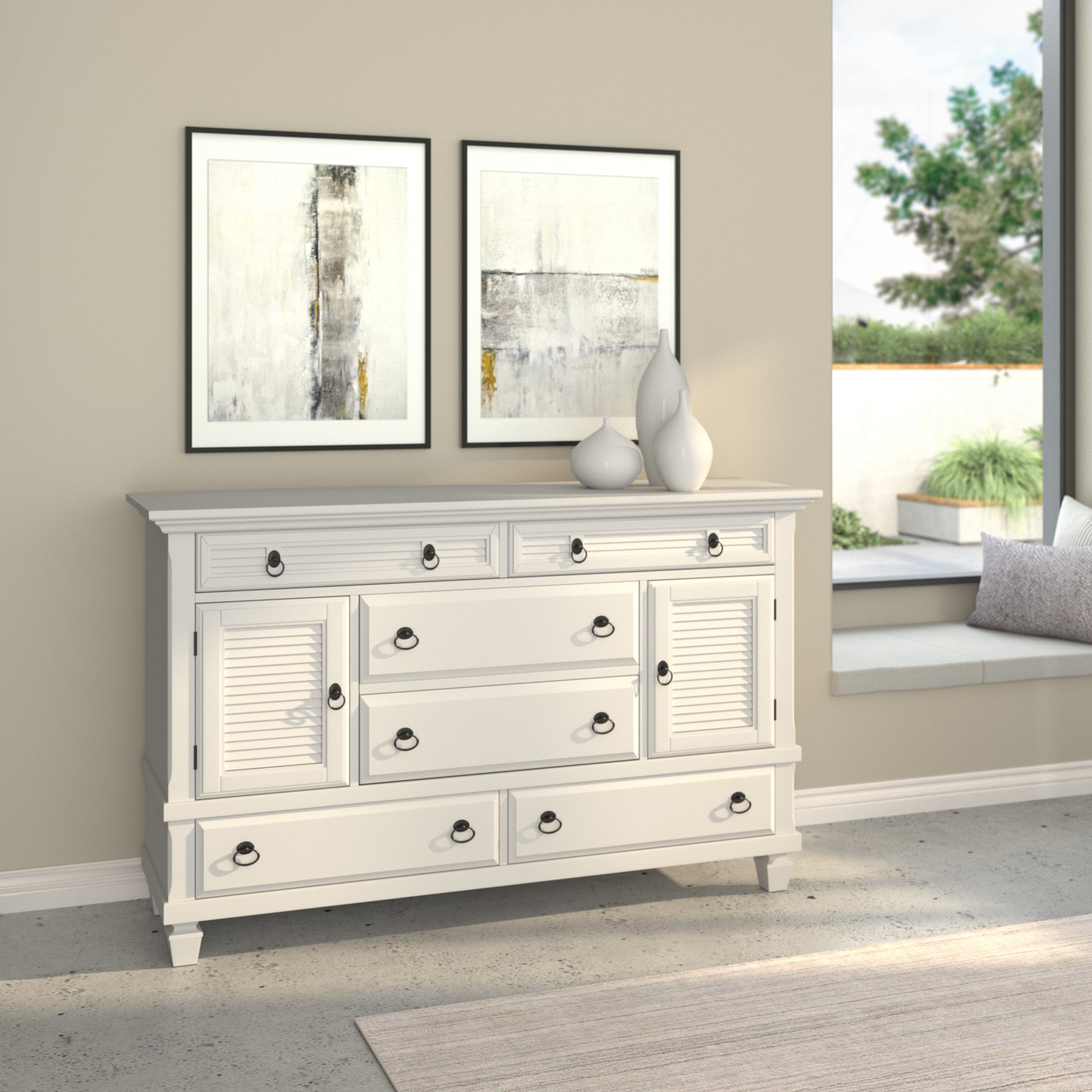 62" White Solid Wood Six Drawer Double Dresser - GreatEagleInc
