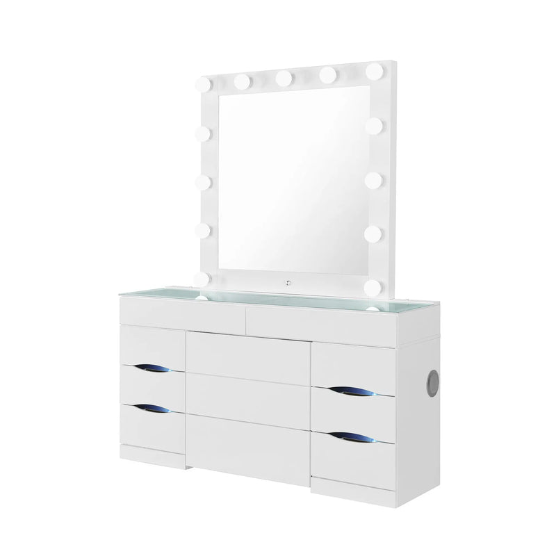 62" White Wood And Glass Six Drawer Vanity Table With Mirror Seating And Lights Homeroots Living Room