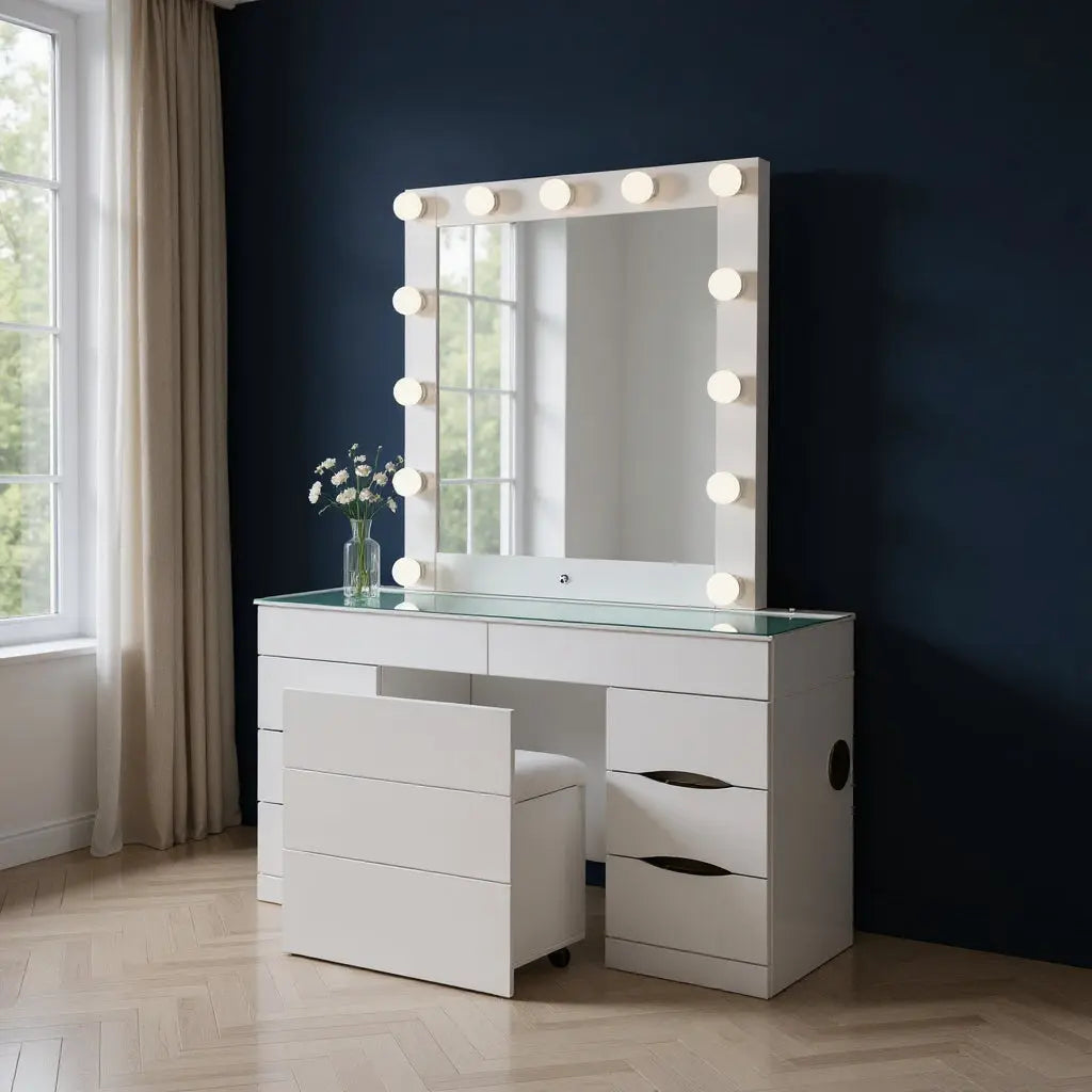 62" White Wood And Glass Six Drawer Vanity Table With Mirror Seating And Lights Homeroots Living Room