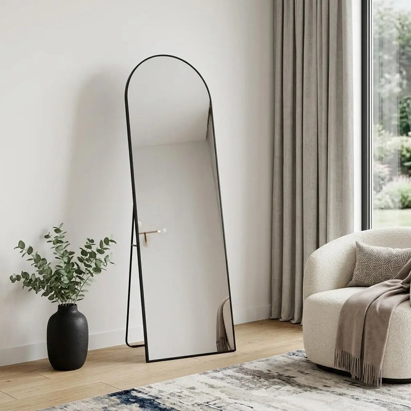 63" Black Metal Arch Freestanding and Wall Mount Framed Full Length Mirror Homeroots Bed & Bath