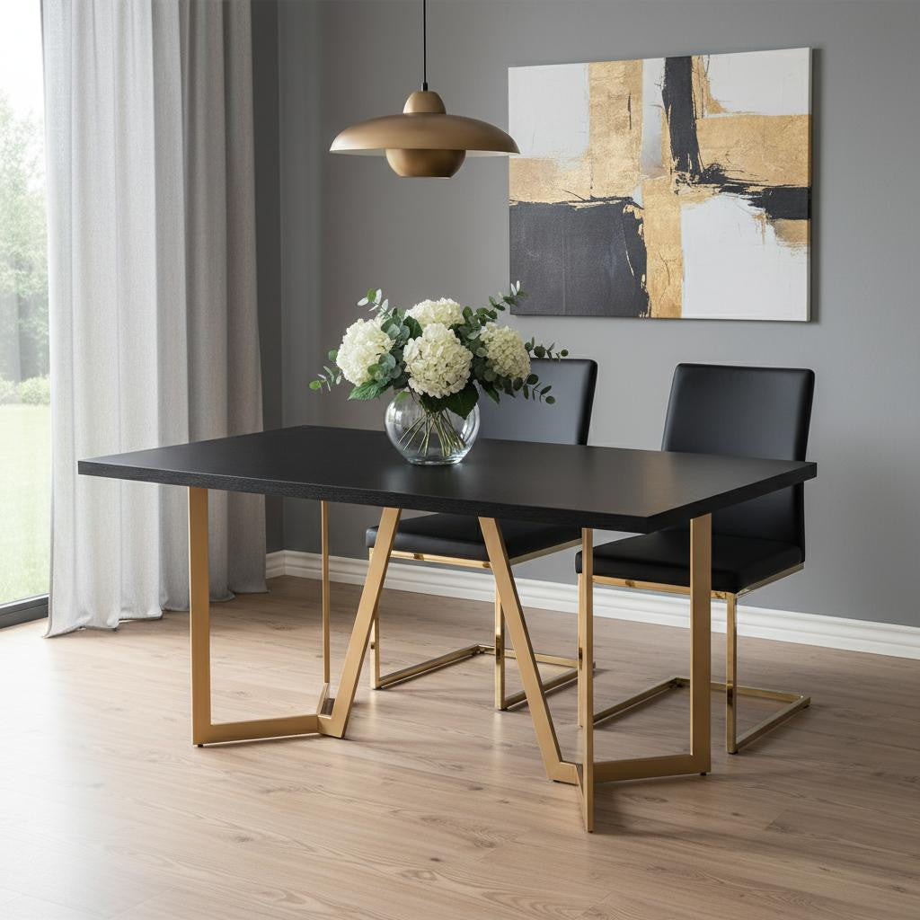 63" Black And Gold Solid Wood And Metal Trestle Base Dining Table - GreatEagleInc