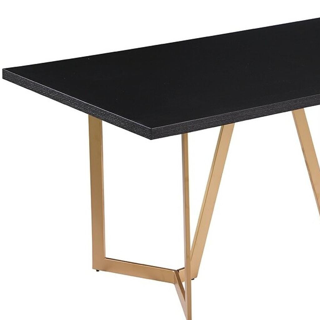 63" Black And Gold Solid Wood And Metal Trestle Base Dining Table - GreatEagleInc