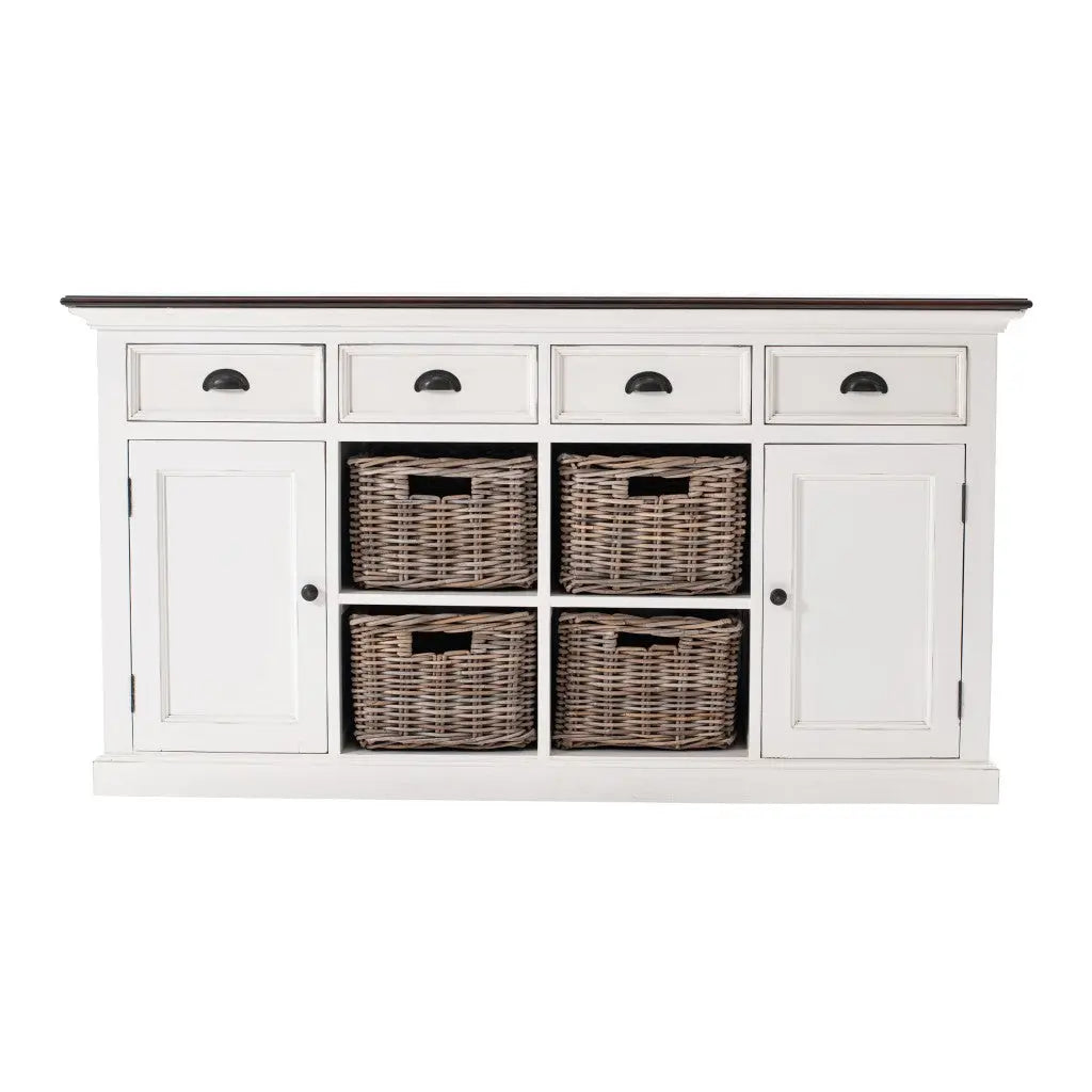 63" Brown And White Distressed Solid Wood Sideboard With Baskets Homeroots Kitchen & Dining