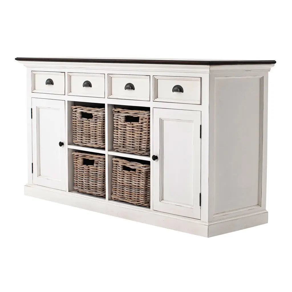63" Brown And White Distressed Solid Wood Sideboard With Baskets Homeroots Kitchen & Dining