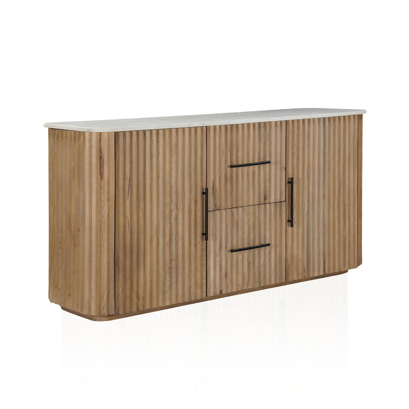 63" Brown And White Solid Wood And Marble Ribbed Texture Sideboard with Two Doors Homeroots Kitchen & Dining