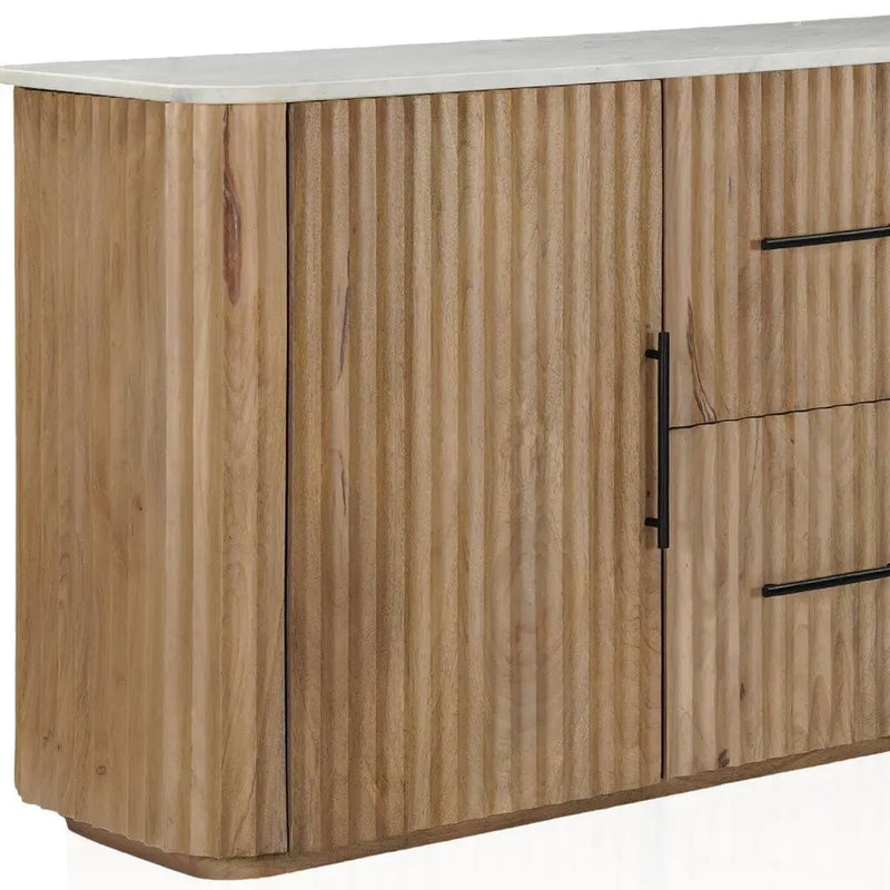63" Brown And White Solid Wood And Marble Ribbed Texture Sideboard with Two Doors Homeroots Kitchen & Dining