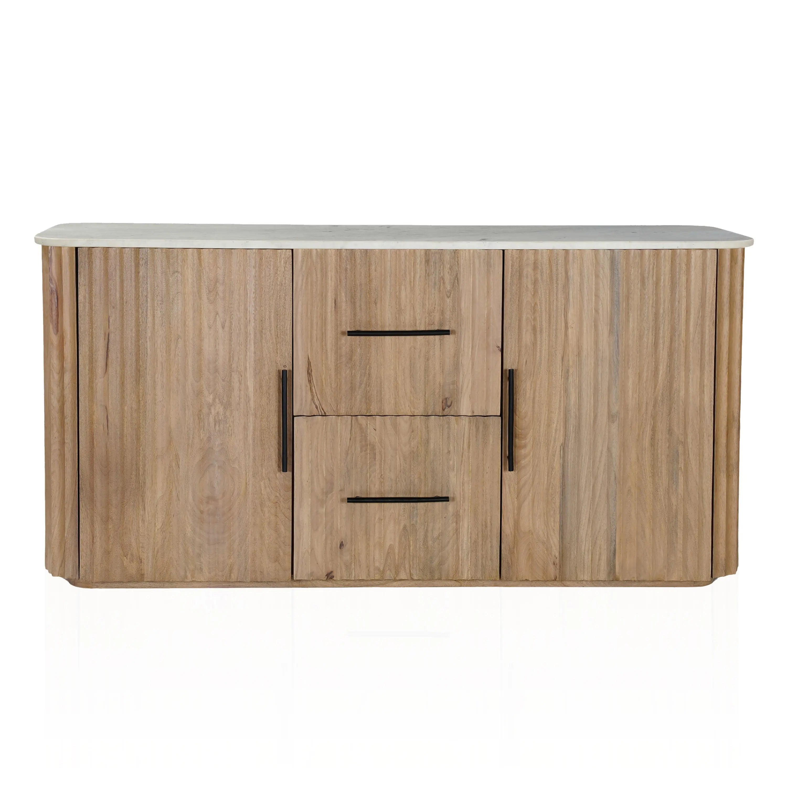 63" Brown And White Solid Wood And Marble Ribbed Texture Sideboard with Two Doors Homeroots Kitchen & Dining