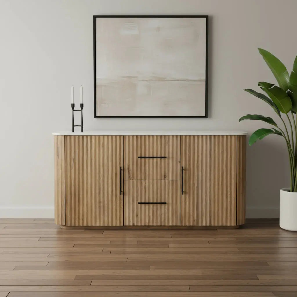 63" Brown And White Solid Wood And Marble Ribbed Texture Sideboard with Two Doors Homeroots Kitchen & Dining