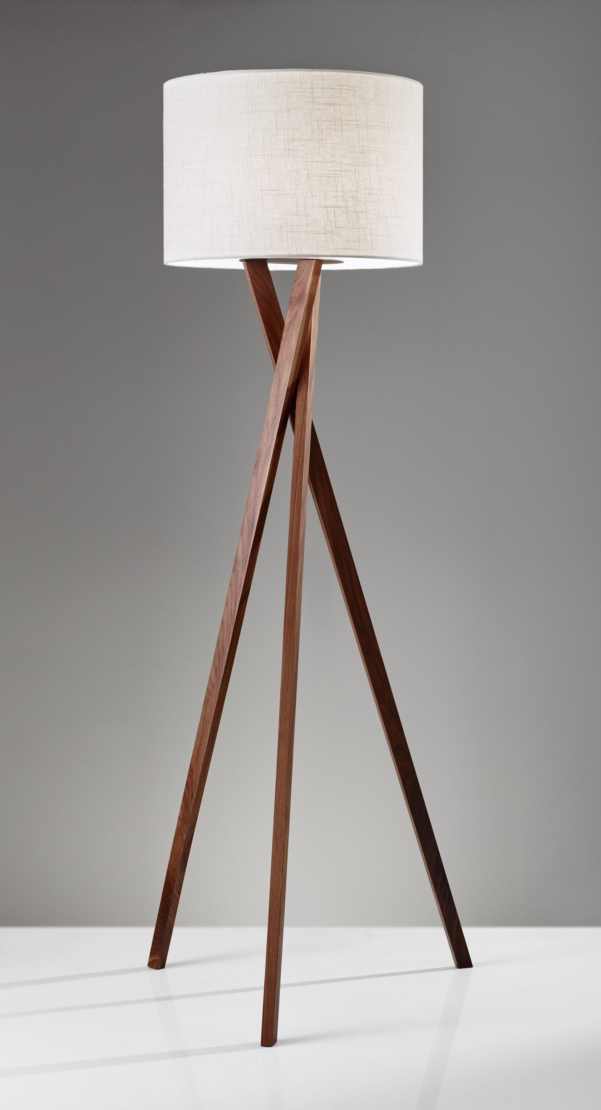 63" Brown And White Solid Wood Tripod Floor Lamp With White Linen Drum Shade - GreatEagleInc