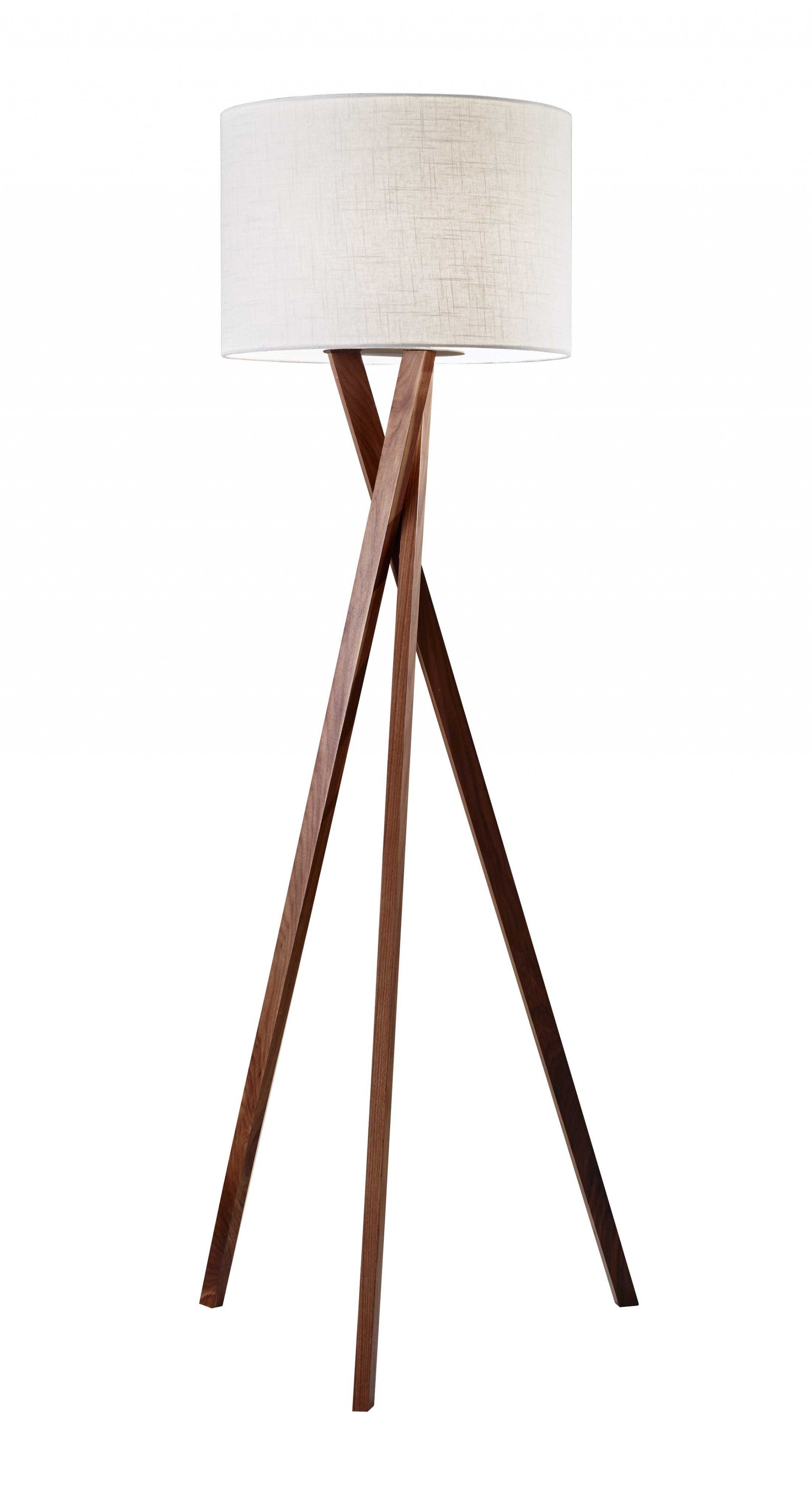 63" Brown And White Solid Wood Tripod Floor Lamp With White Linen Drum Shade - GreatEagleInc