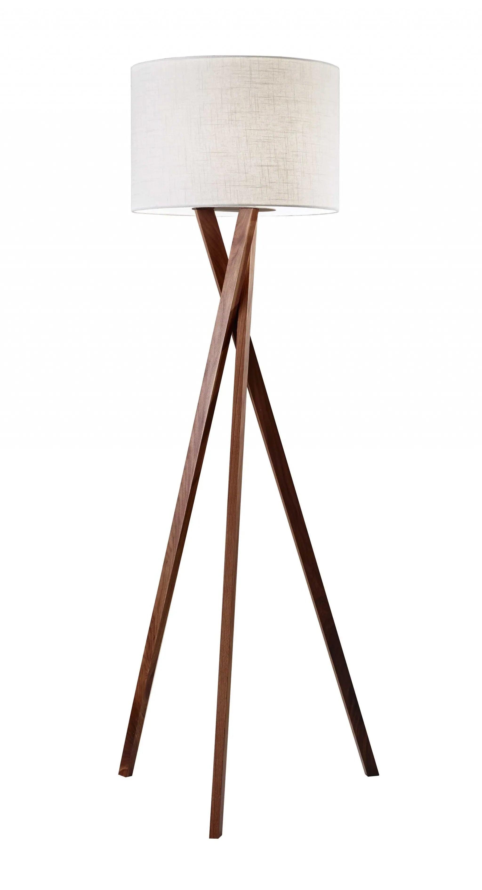 63" Brown And White Solid Wood Tripod Floor Lamp With White Linen Drum Shade - GreatEagleInc