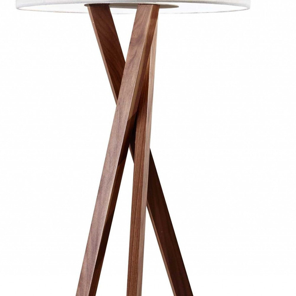 63" Brown And White Solid Wood Tripod Floor Lamp With White Linen Drum Shade - GreatEagleInc