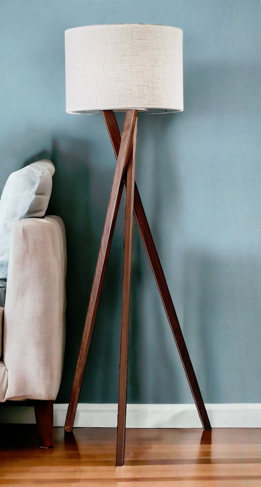 63" Brown And White Solid Wood Tripod Floor Lamp With White Linen Drum Shade - GreatEagleInc