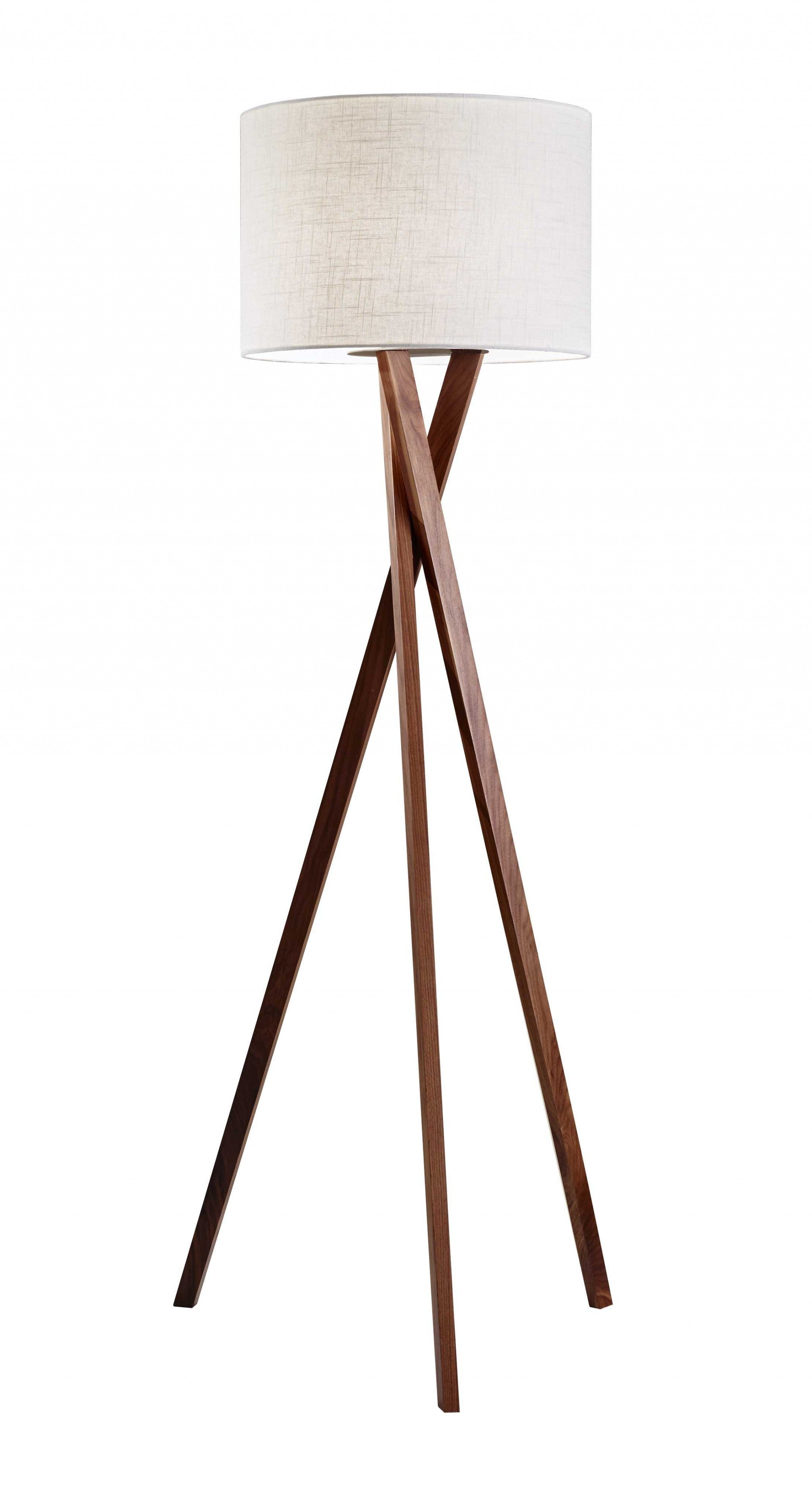 63" Brown And White Solid Wood Tripod Floor Lamp With White Linen Drum Shade - GreatEagleInc